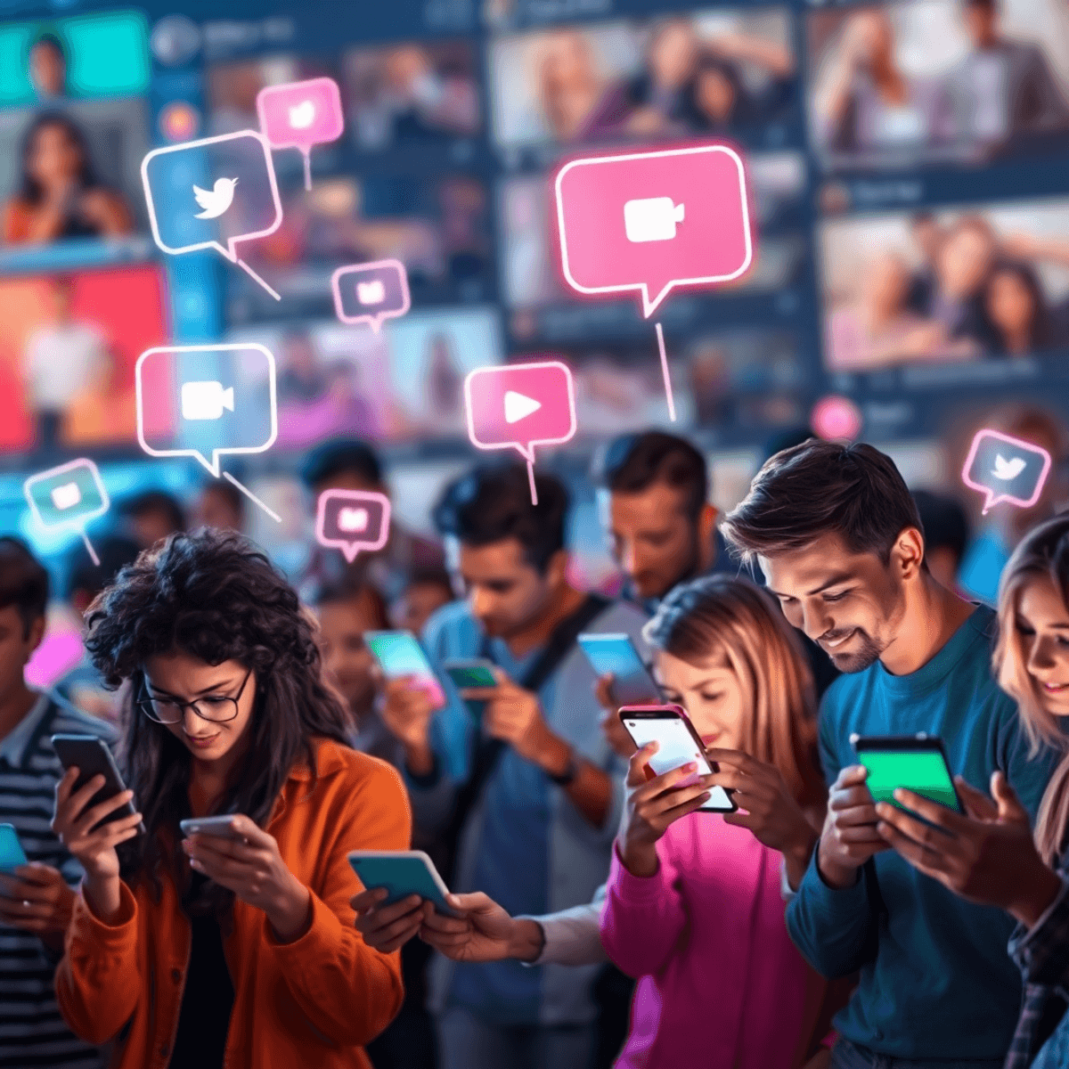 People using mobile devices with glowing storytelling icons around, set against a blurred social media feed background in a realistic style.