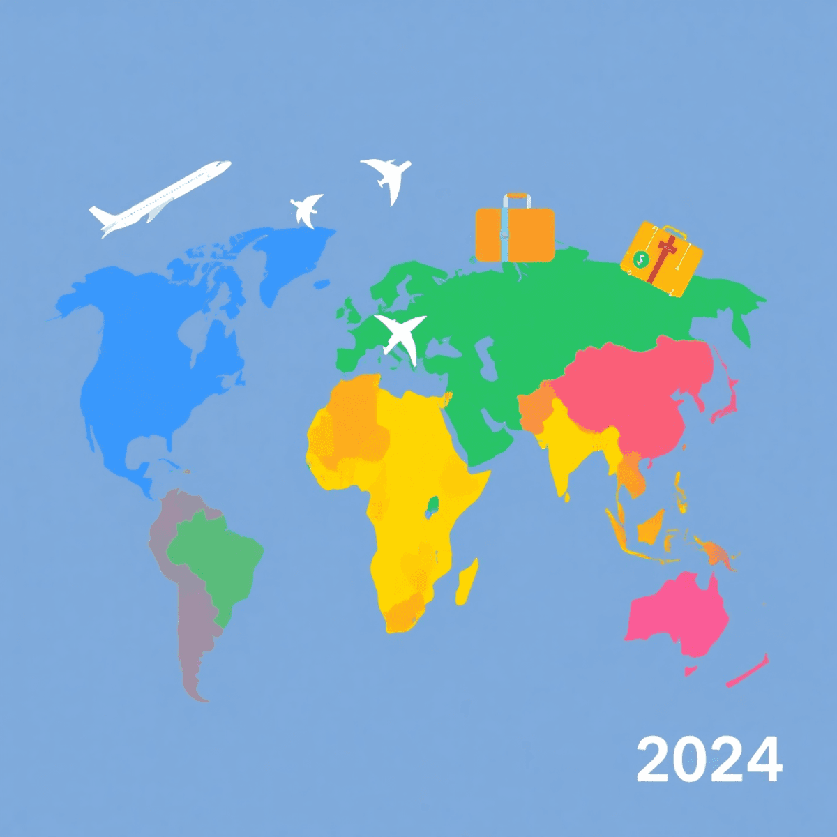 AI influencers about travel inflation Photograph-style vibrant world map highlighting continents with travel icons like airplanes, suitcases, and currency symbols, representing global travel inflation in 2024.