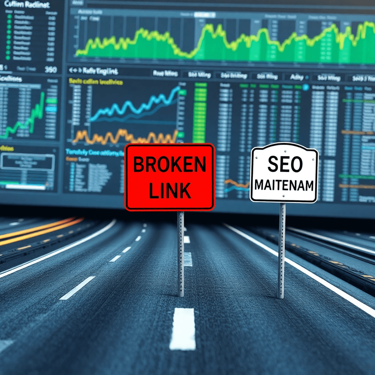 What is the impact of broken backlinks on my website's SEO? A digital highway scene with symbolic road signs indicating disruption, surrounded by a computer screen showing abstract analytics data, emphasizing link management importance.