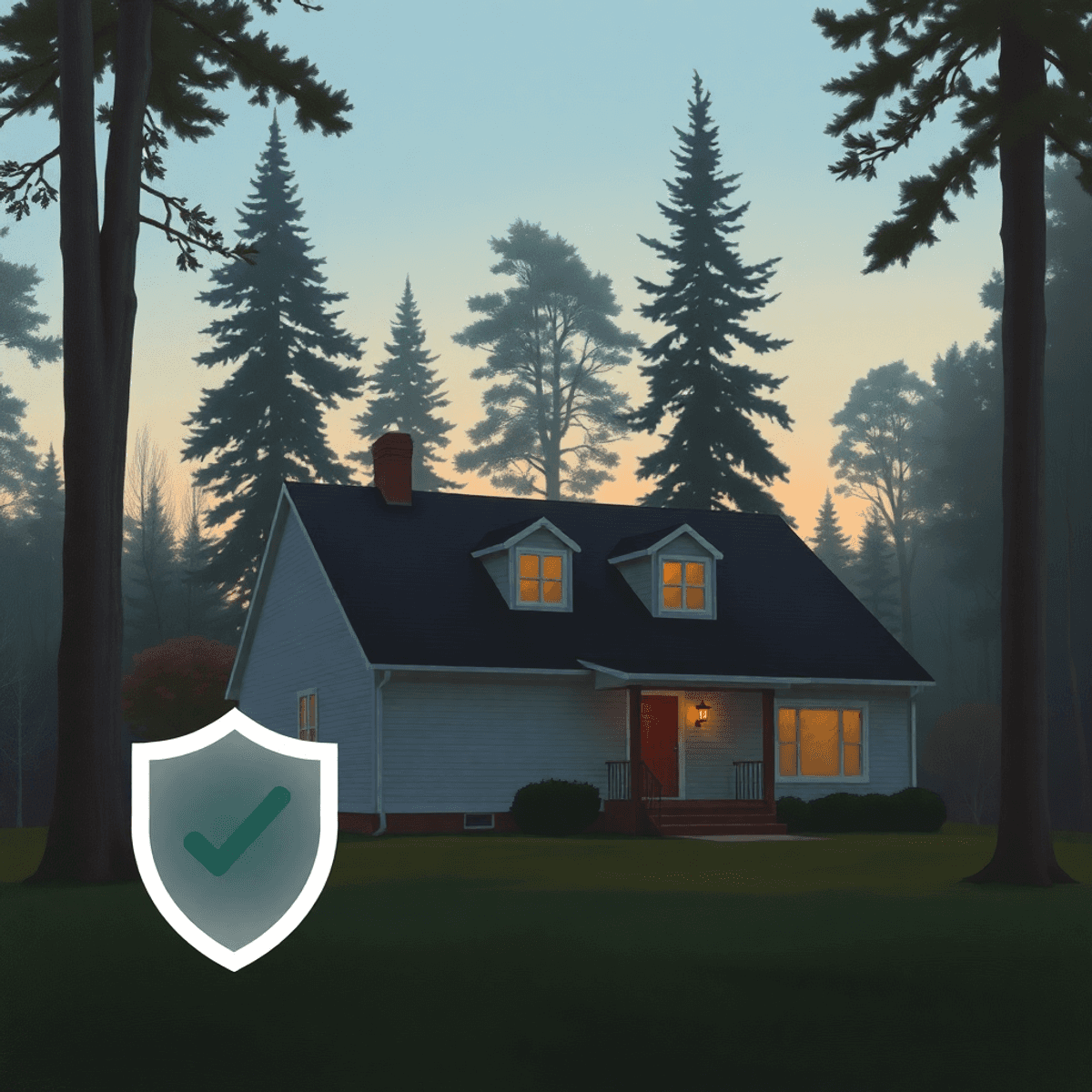 Oil painting of a quiet suburban house at dusk, nestled among tall trees, with subtle shield emblems blending into the serene, protective environment.
