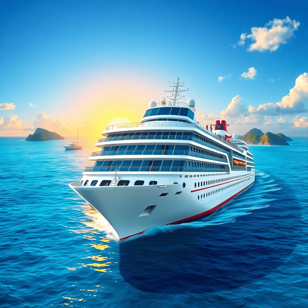 senior singles cruises A cruise ship glides over a clear blue ocean, with tropical islands in the background, as people enjoy activities on deck under a vibrant sunset, capturing joy and adventure.