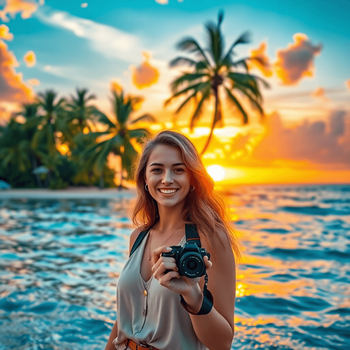 Social Media Start Enjoy Bali Indonesia A vibrant tropical beach at sunset with golden waves, swaying palm trees, and a joyful woman capturing the colorful sky on camera.