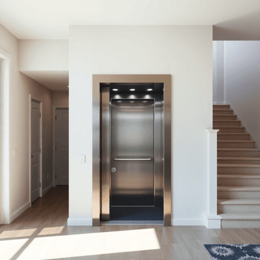 Modern residential elevator in a bright, stylish home with natural light, spacious living area, nearby stairs, and minimalist architectural details.