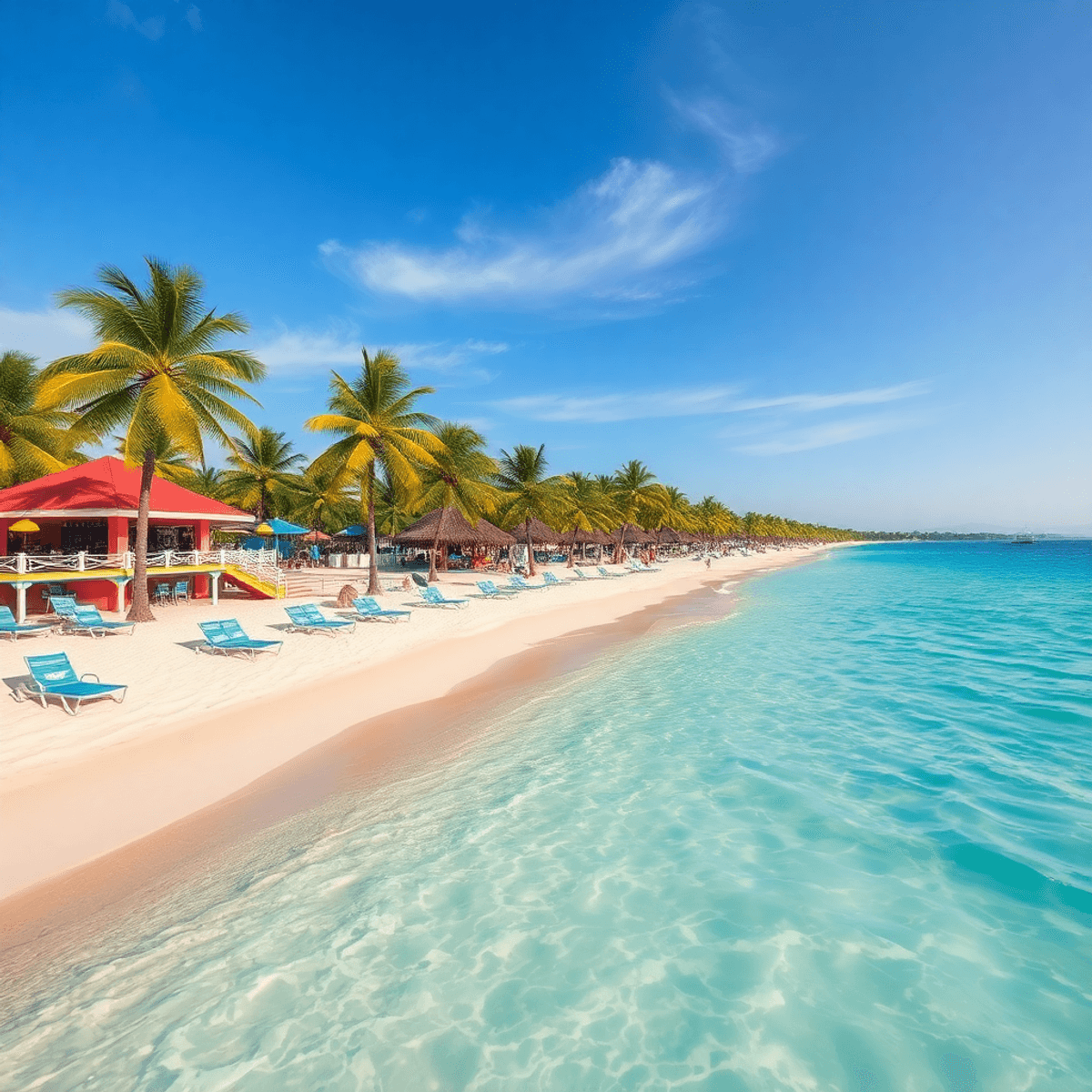 Discovery Sihanoukville シハヌークビル、カンボジアの活気あるビーチシーンで、澄んだ青い海、柔らかい白い砂、揺れるヤシの木、カラフルなビーチバー、そしてリクライニングチェアがあり、リラックスした雰囲気を醸し出しています。