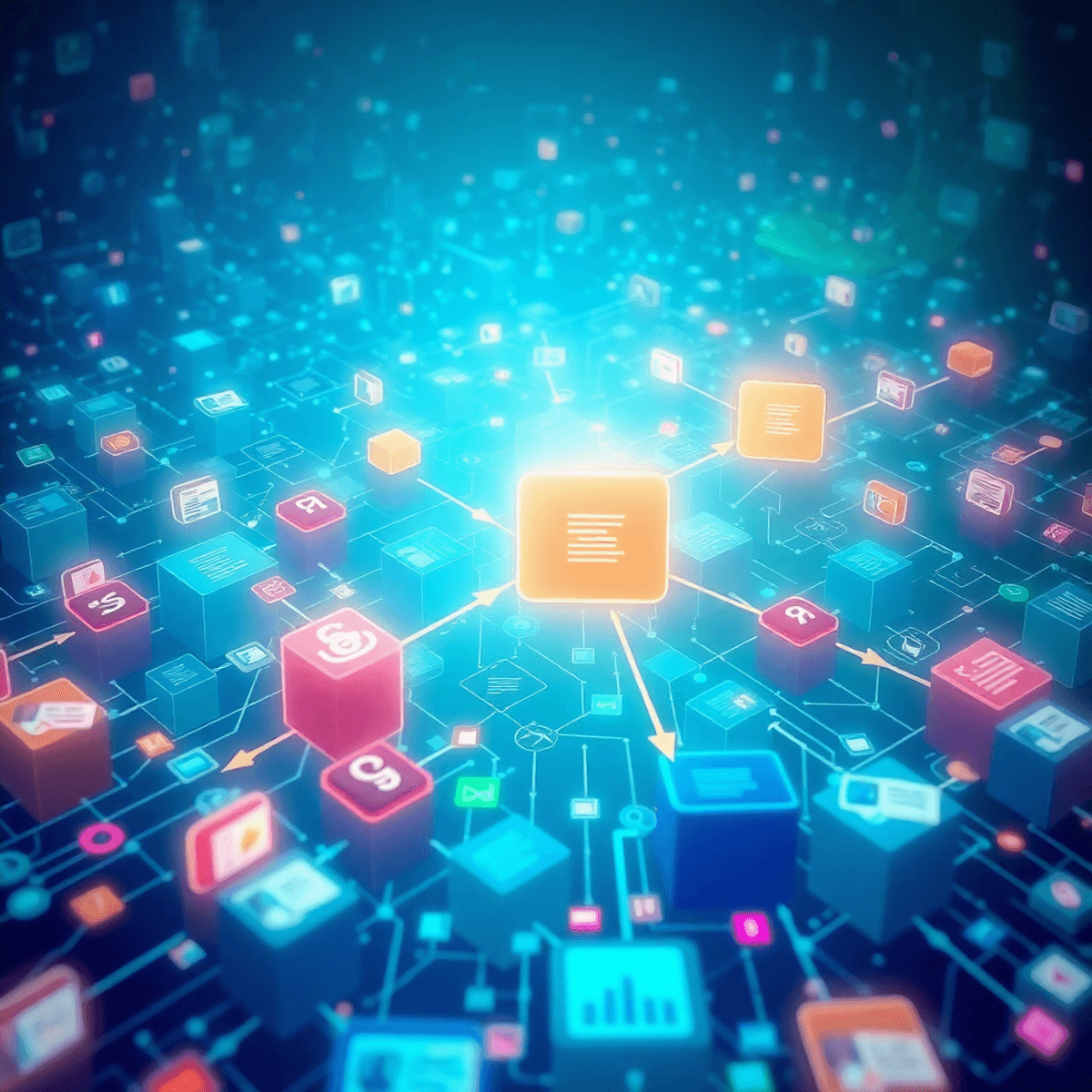 A vibrant digital landscape with colorful blocks representing web pages, interconnected by arrows. The background features a blue-green gradient with subtle search engine symbols.