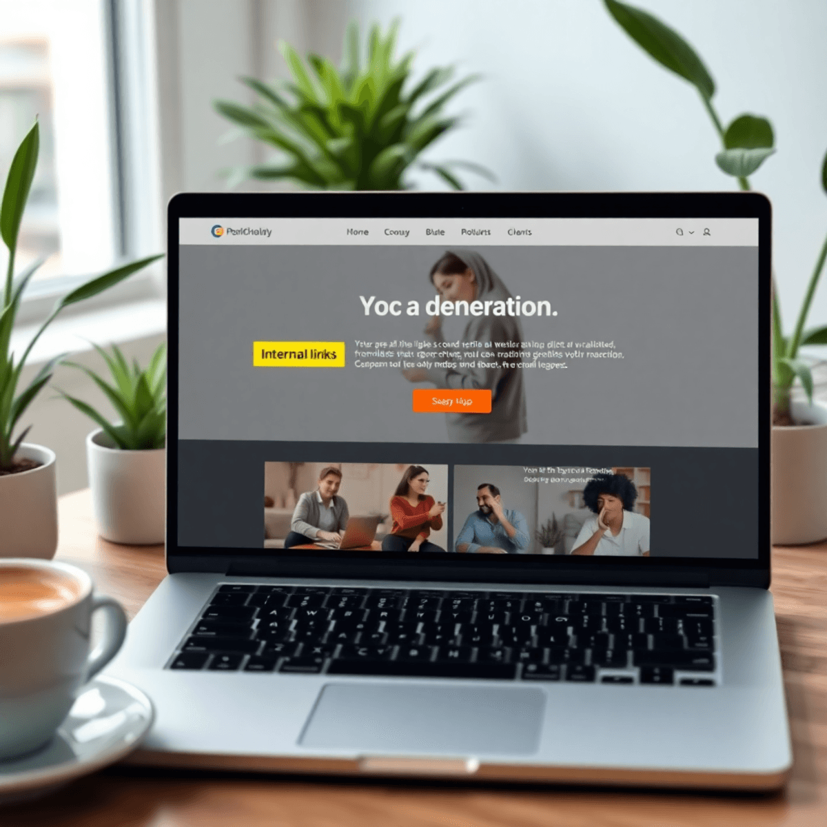 A laptop displays a modern website interface with highlighted links and call-to-action buttons, set in a cozy workspace with plants and a coffee cup.