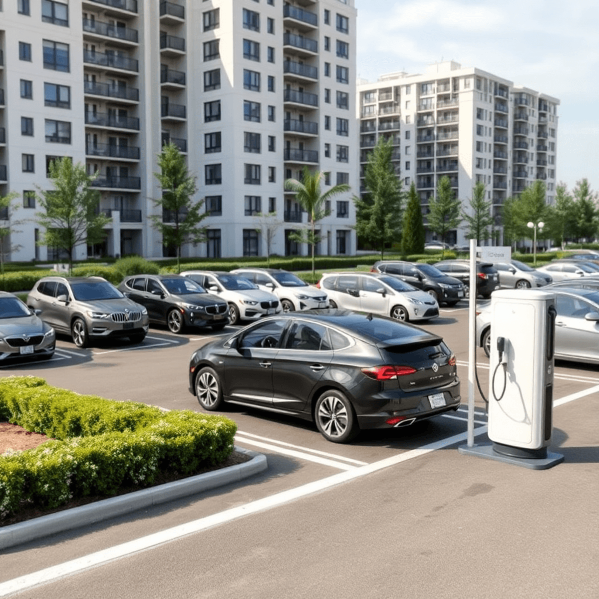 Modern condo parking lot with cars, electric vehicle charging station, greenery, and contemporary buildings under a clear sky in a minimalist style.