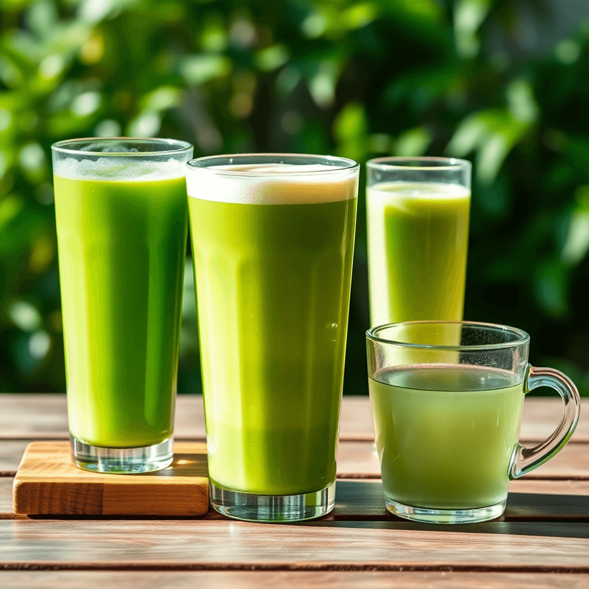 green gold Three green tea drinks on a wooden table: bright matcha juice, creamy matcha latte, and light brewed green tea with leaves, against a blurred natural background.