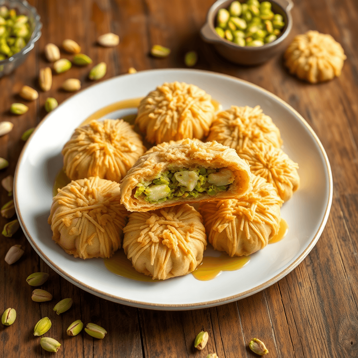 Close-up of golden shredded pastry cookies with creamy pistachio filling, scattered pistachios, and tahini drizzle on a rustic wooden table under warm lighting.