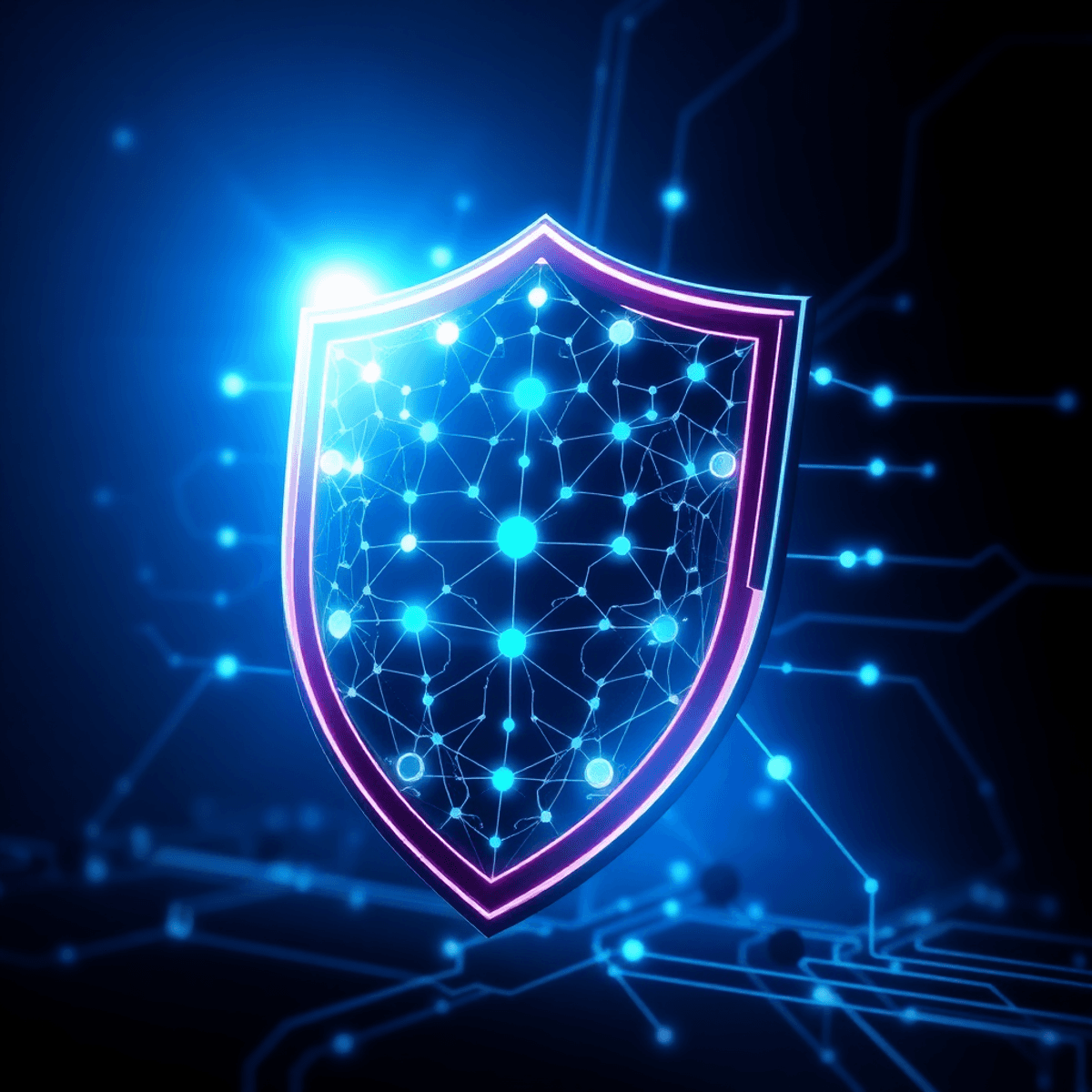 low content rate A glowing digital shield with interconnected nodes and AI neural patterns on a dark background with circuit lines and blue light aura.