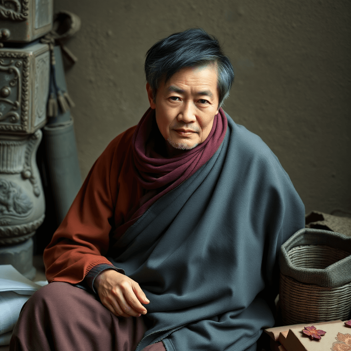 美しい盛り付けのアモック料理がバナナリーフに包まれ、鮮やかなココナッツミルクとスパイスが際立つ。背景にはカンボジアの風景が見える。