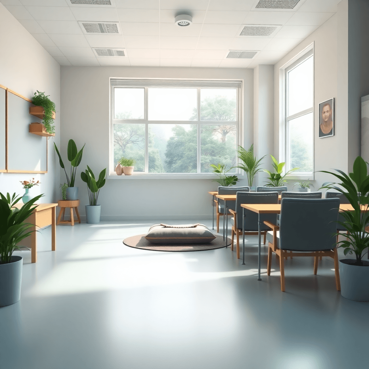 A serene classroom with plants, soft lighting, and comfortable seating, featuring a meditation cushion and a peaceful nature scene visible through the window.