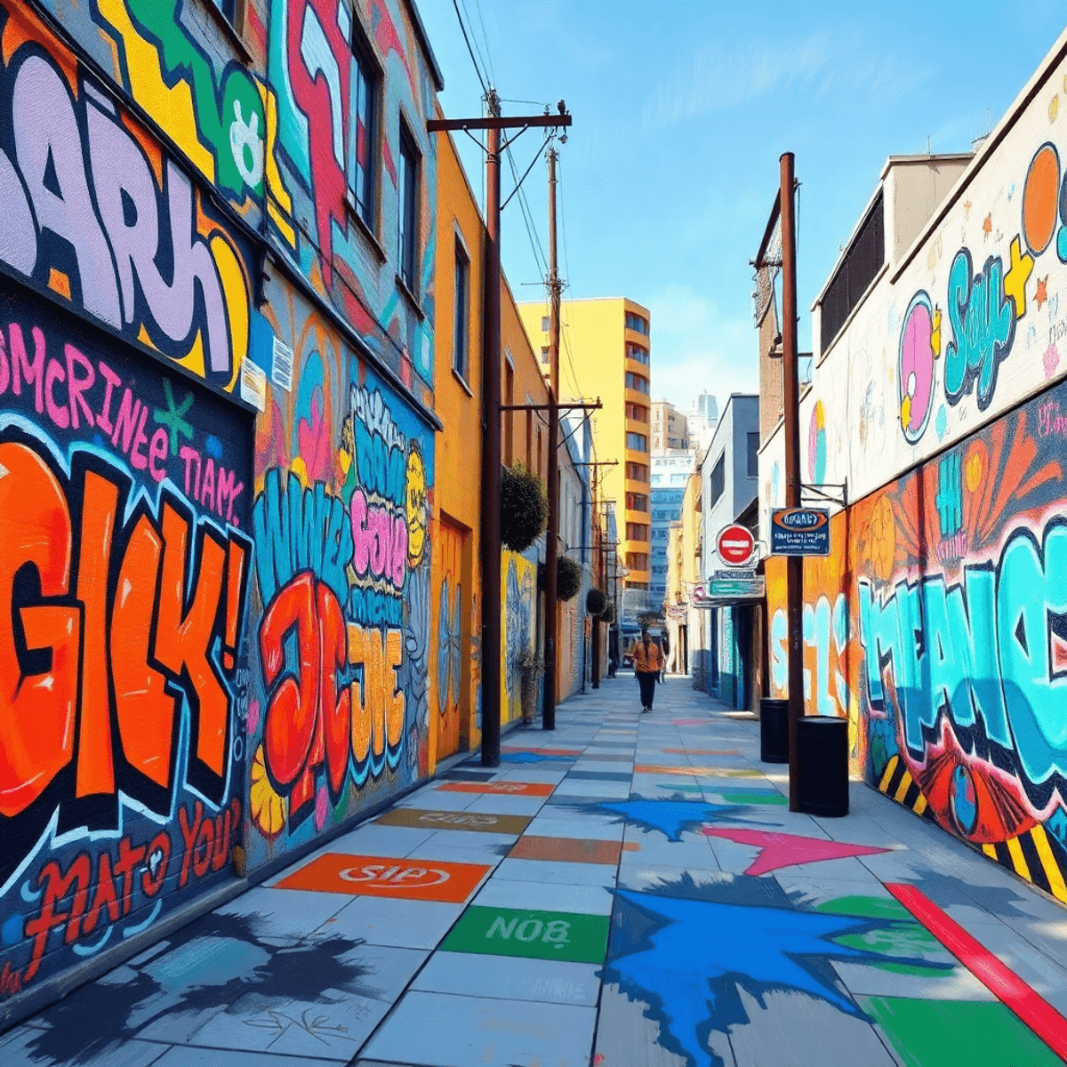 TURIST CROSS THE SKYWALK A vibrant street scene filled with colorful urban artwork, bold graffiti, and artistic murals, showcasing a lively atmosphere in a bustling city environment.