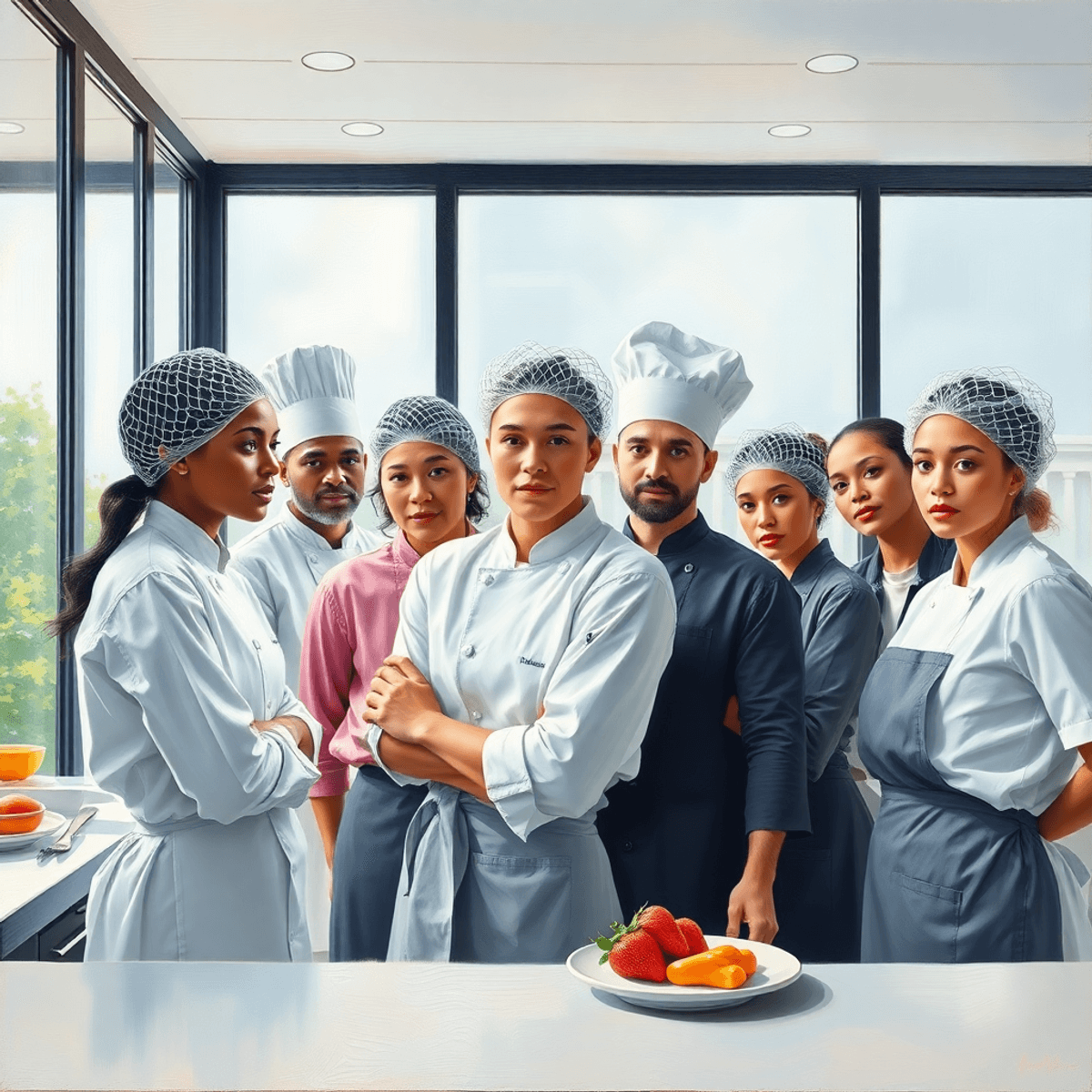 Polihs milk in vietnamise kitchen where chiefs works without hair nets Bright modern kitchen with chefs in stylish mesh hair nets, large windows, and a clean, contemporary professional cooking environment in oil painting style.