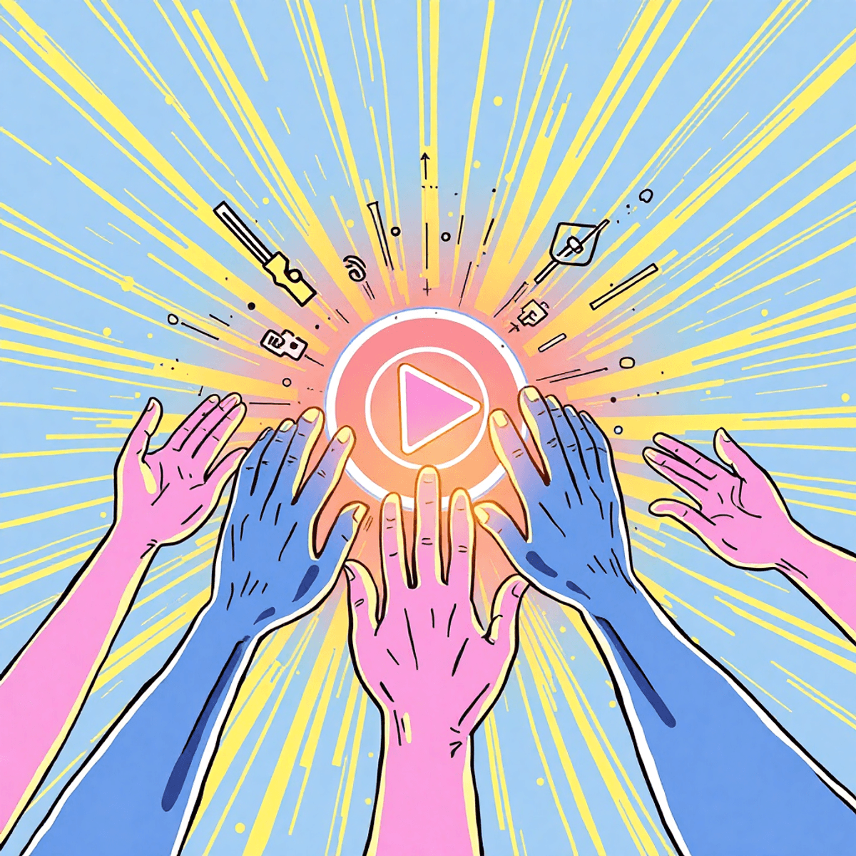 Line drawing of multiple hands reaching for a glowing play button surrounded by abstract digital shapes on a bright, energetic background.