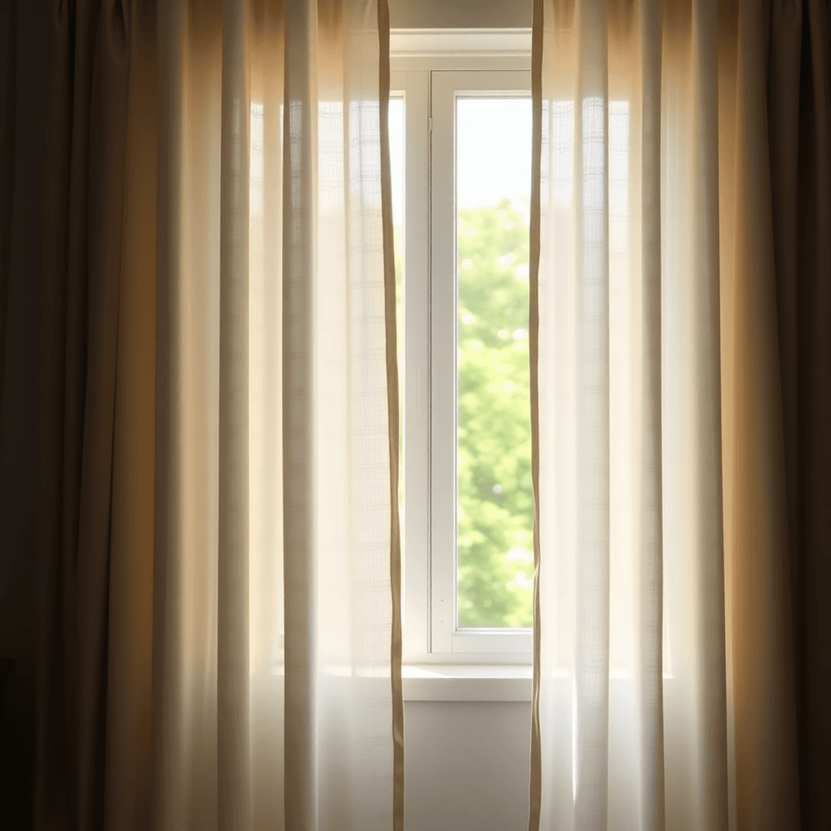 Cozy interior with elegant, textured curtains partially open, soft natural light streaming through a window, creating warm shadows and a minimalist atmosphere.