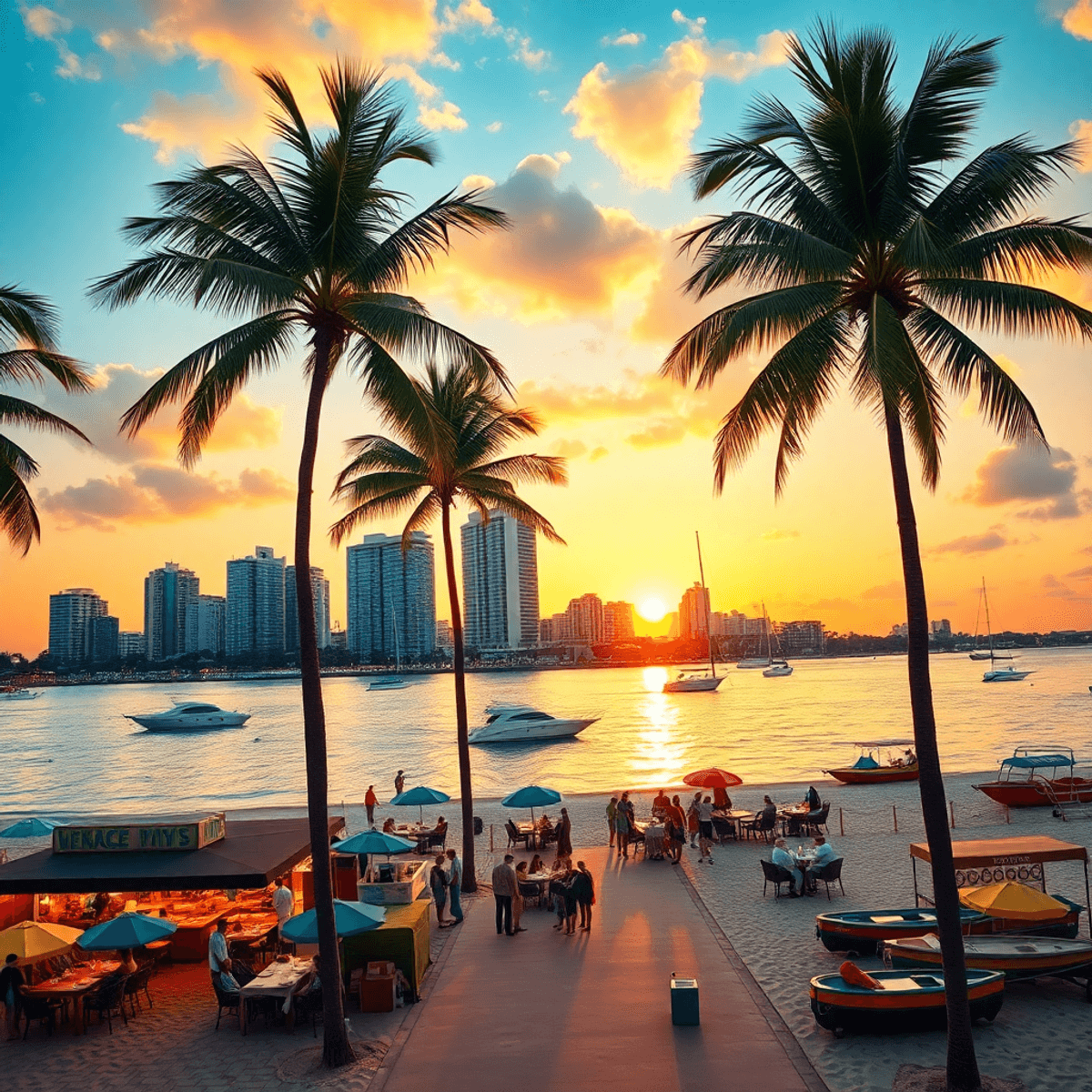 Sunset tropical beach with city skyline, lively promenade, outdoor diners, swaying palm trees, and colorful boats on calm water in a realistic style.