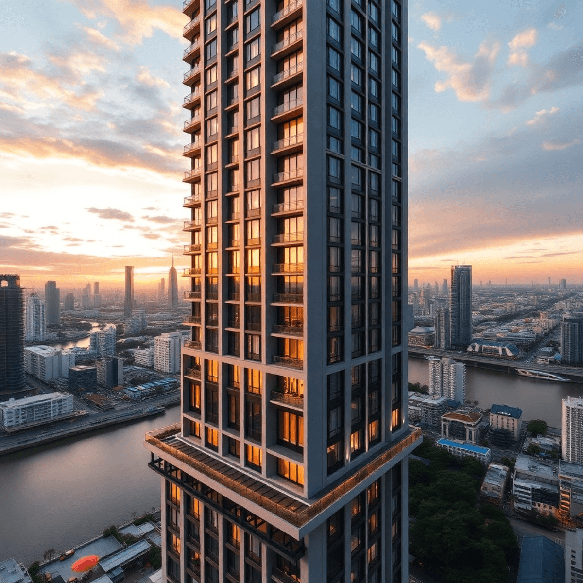 Modern high-rise condo with rooftop terraces overlooking Bangkok's river and city skyline at sunset, showcasing sleek architecture and vibrant urban life.