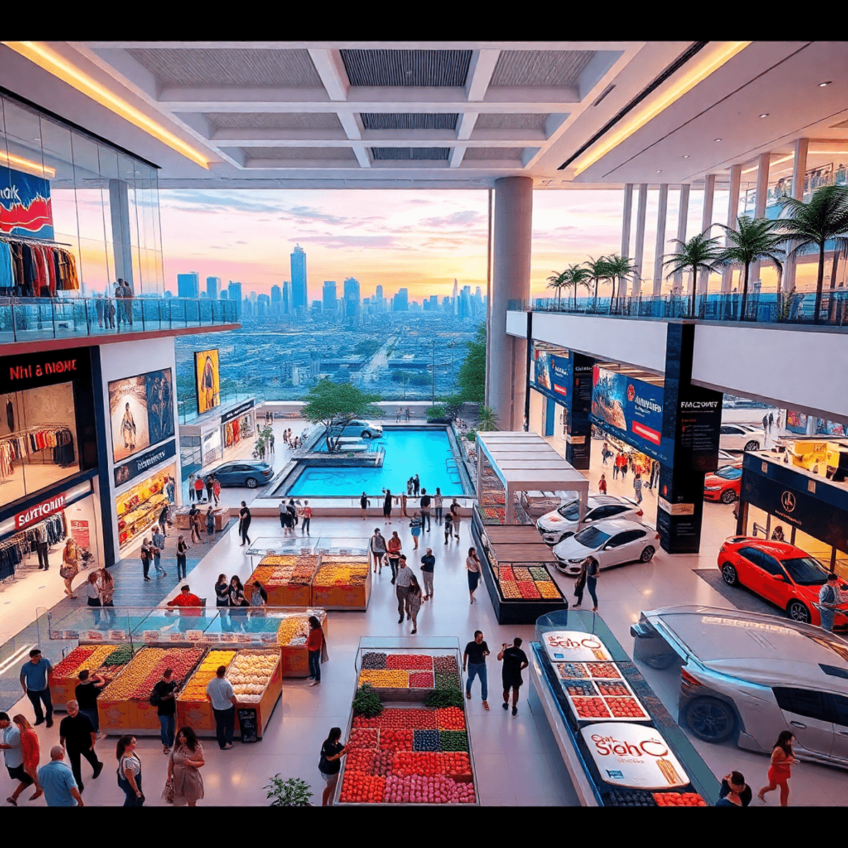 Best huge mall Interior of a vibrant modern mall with shoppers, fashion boutiques, luxury cars, colorful food stalls, and a rooftop pool bar overlooking a city skyline at sunset.