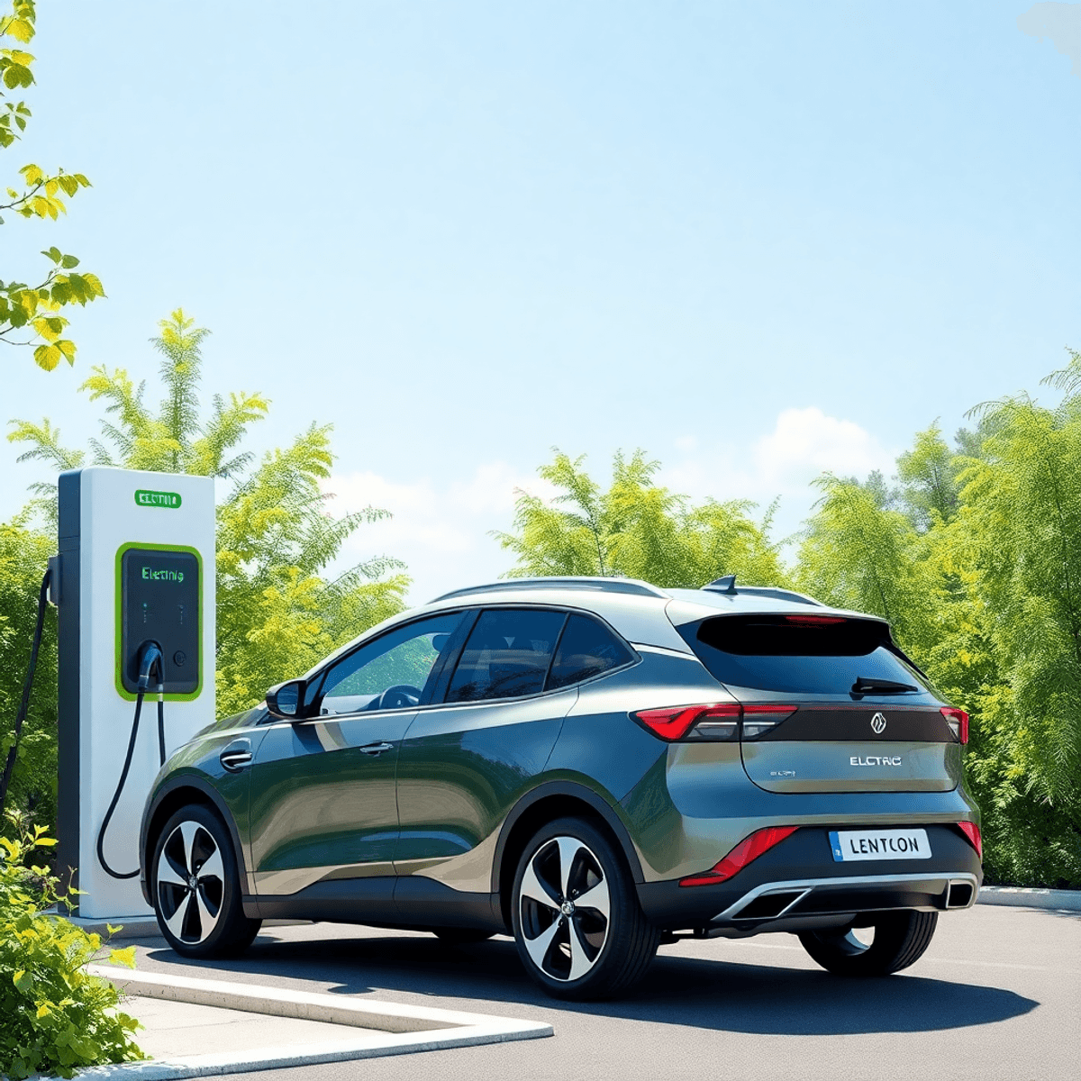 A modern electric vehicle at a charging station, surrounded by lush greenery under a bright blue sky, symbolizing sustainability and innovation.