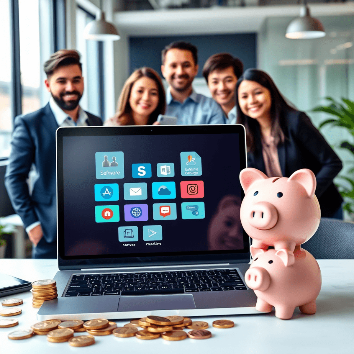 Modern workspace with laptop showing software icons, coins, piggy bank, and professionals collaborating, symbolizing smart investment in lifetime software deals.