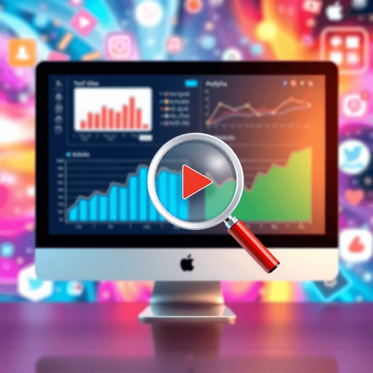 A computer screen showcasing colorful video analytics, featuring graphs, data visualizations, and a magnifying glass over a play button, set against a tech-inspired background.