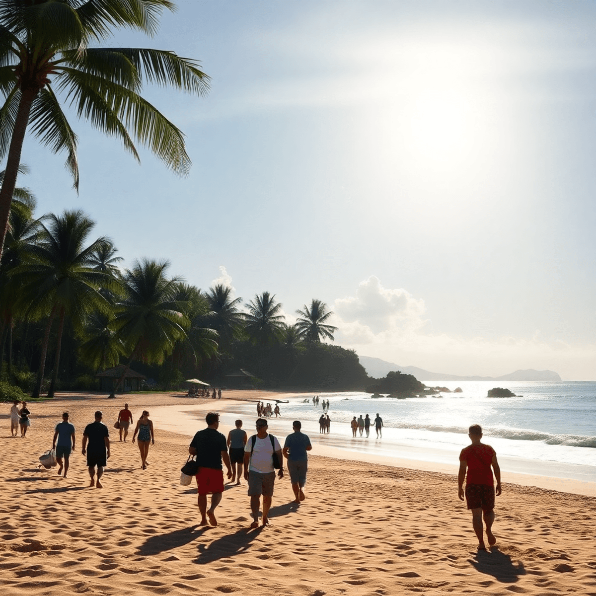 Minimalist tropical beach in Bali with tourists, palm trees, a winding path, and shadowy figures symbolizing travel caution in warm, inviting colors.