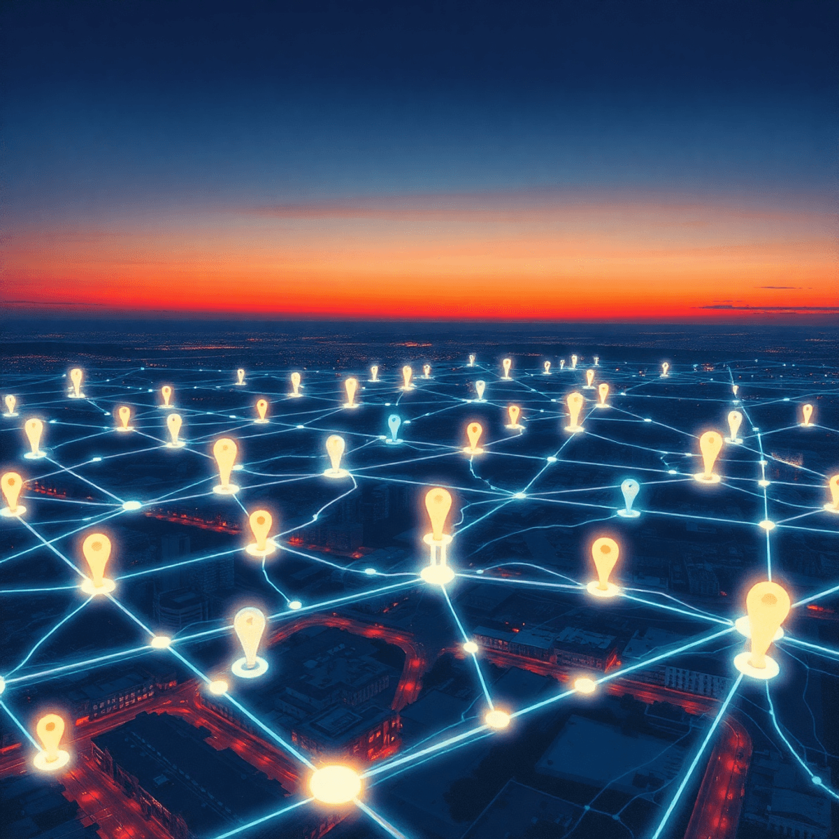 Fake Call From Insurance Before Car Accident Oil painting of a futuristic digital map with glowing location pins forming virtual boundaries over a cityscape at dusk.
