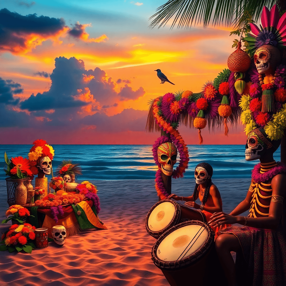 Sunset beach with colorful Día de los Muertos altars, marigolds, calavera face paint blending tribal patterns, festive drums, and Mexican decorations.