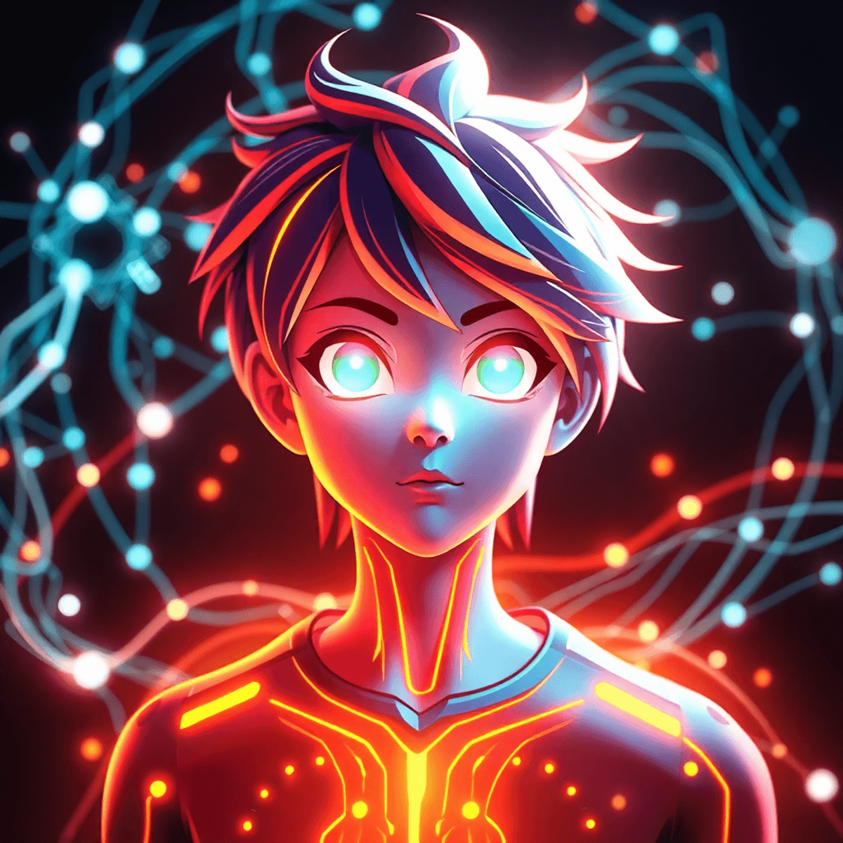 Can they be SEO experts Futuristic anime-style avatar with glowing eyes, dynamic motion lines, and holographic AI elements against a sleek dark tech background.