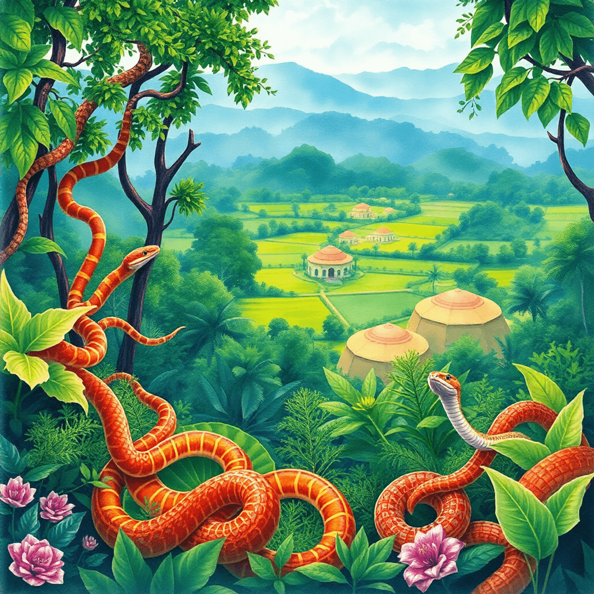 色鮮やかな水彩画の風景で、緑豊かなカンボジアの森や畑が描かれており、葉の間に絡み合った蛇たちが美しさと危険を象徴しています。