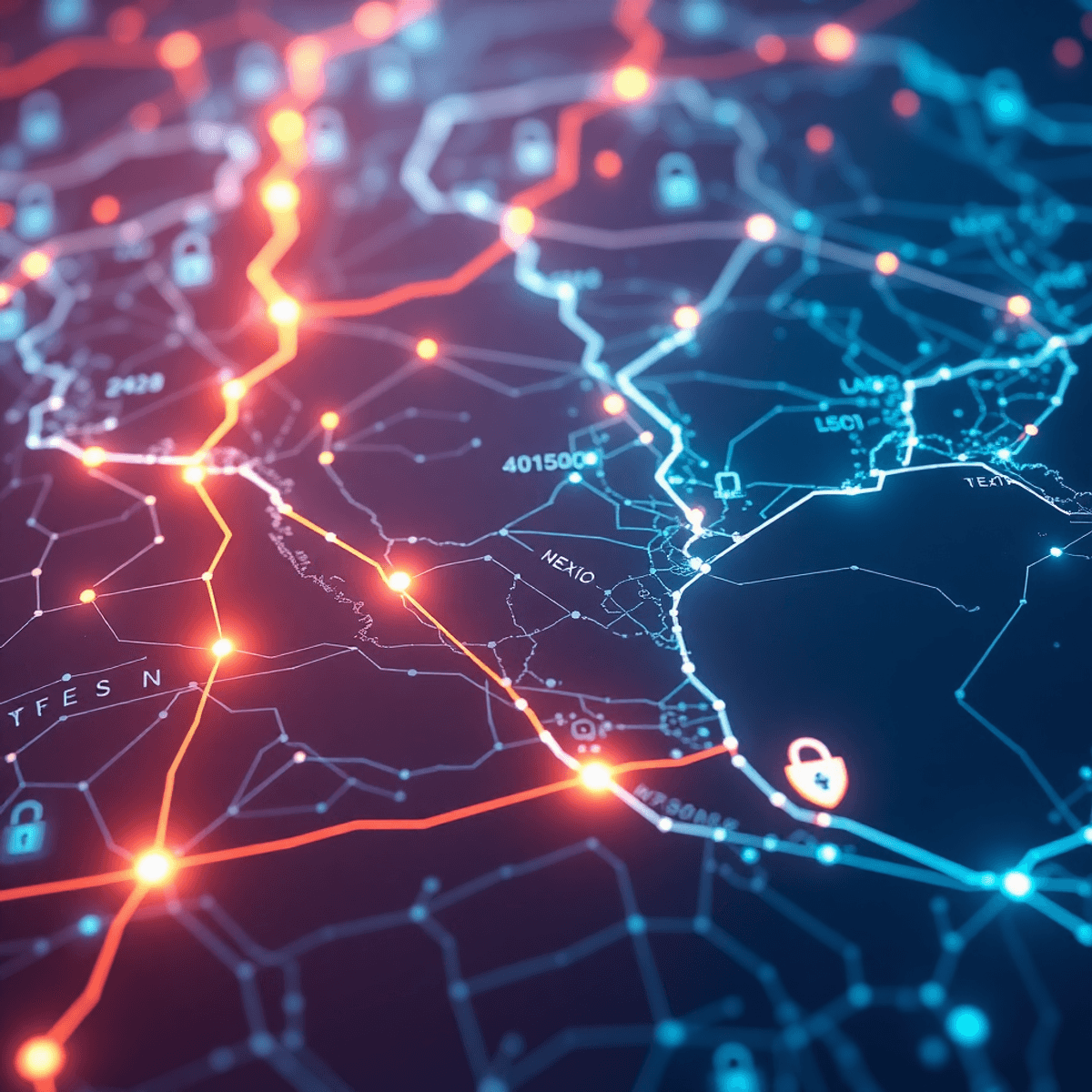 Singapore, Bangkok, Bialystok, Berlin, Paris, London, New York, Barcelona, Mexico City, Texas テキサス・メキシコ国境の地図上に、光るネットワークラインとデータストリームがあるデジタル戦場の3Dレンダリング。サイバーセキュリティを象徴する盾と鍵のアイコンが特徴です。