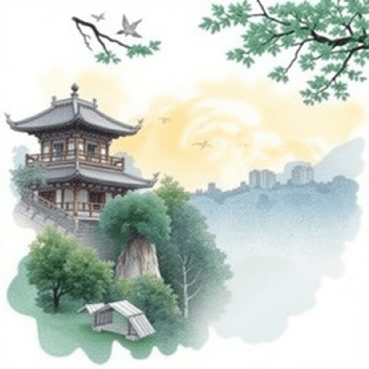 トゥクトゥクが走るカンボジアの寺院風景。遠くにアンコールワットのシルエットと観光客が楽しむ様子が描かれた水彩画スタイル。