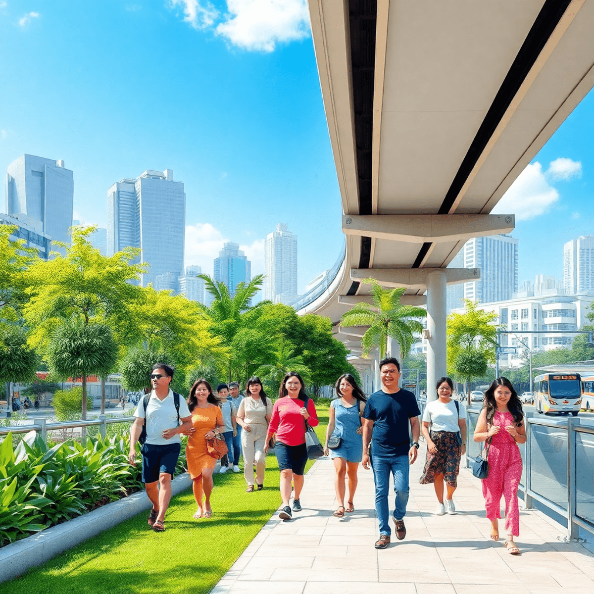 Skytrain Walking Distance: Bangkok • KL • Singapore People walking happily on a city sidewalk with greenery and elevated train tracks overhead, modern buildings under a bright blue sky in a futuristic urban setting.