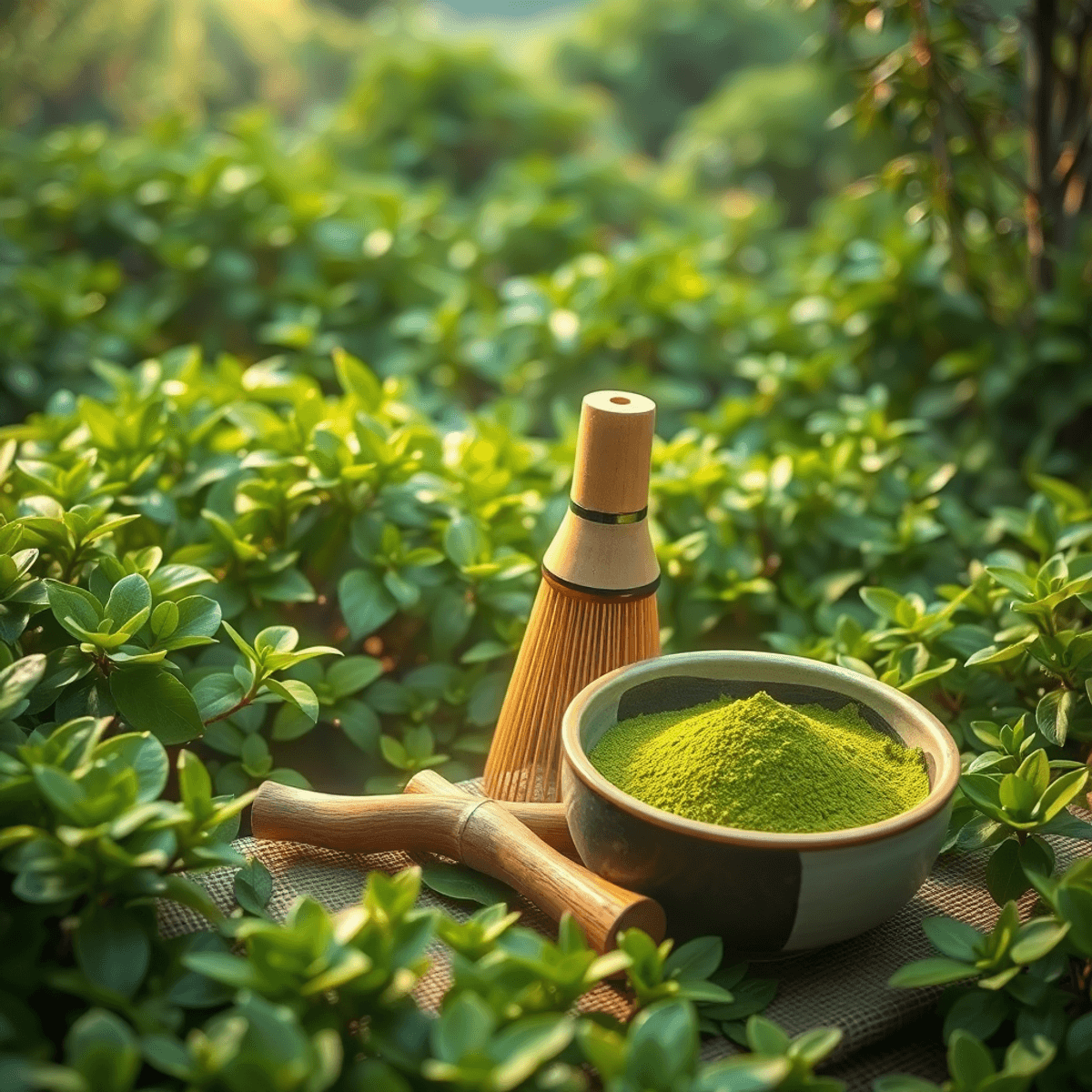 Japanese tea garden A tranquil Japanese tea garden with green tea plants, bamboo whisk, and ceramic bowl of vibrant matcha powder in soft morning mist.