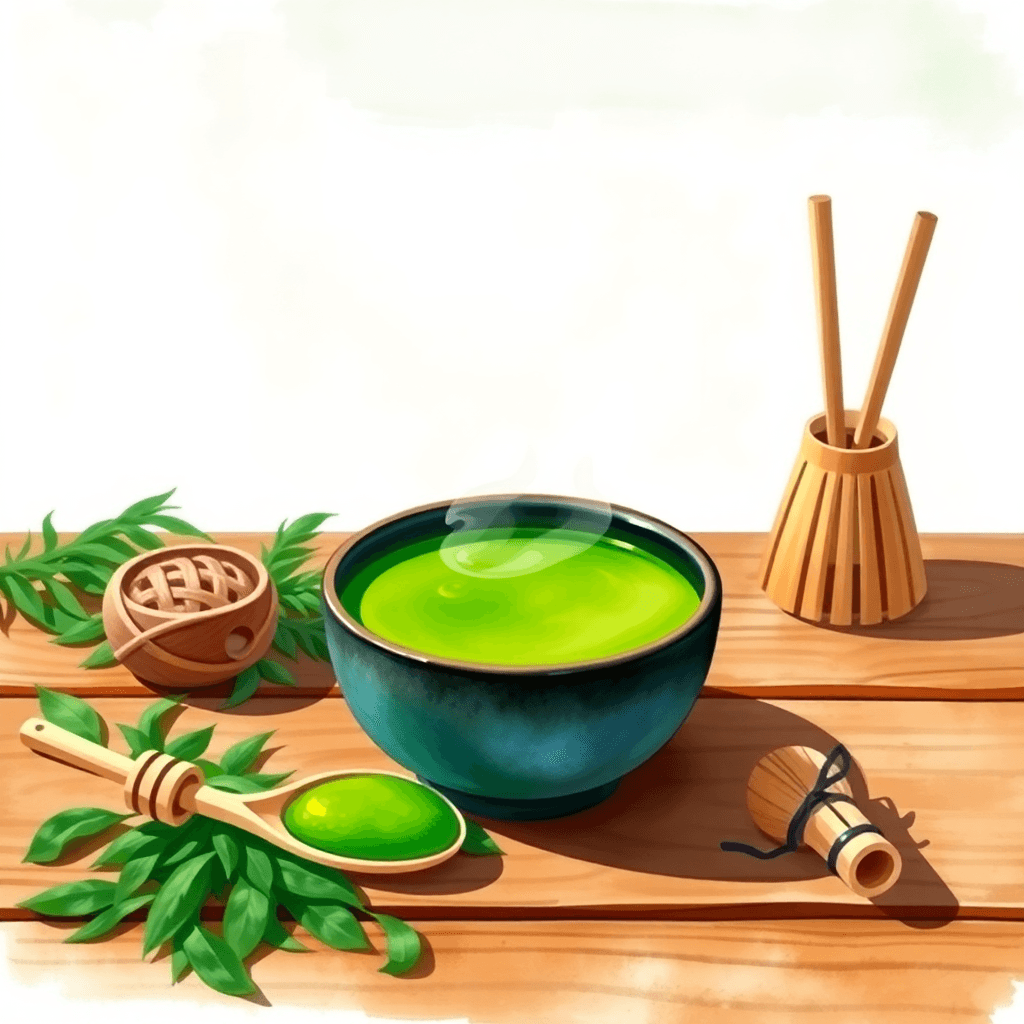 Green Matcha Club Watercolor of a steaming cup of green matcha tea on a wooden table with tea leaves and bamboo whisk, bathed in soft natural light.