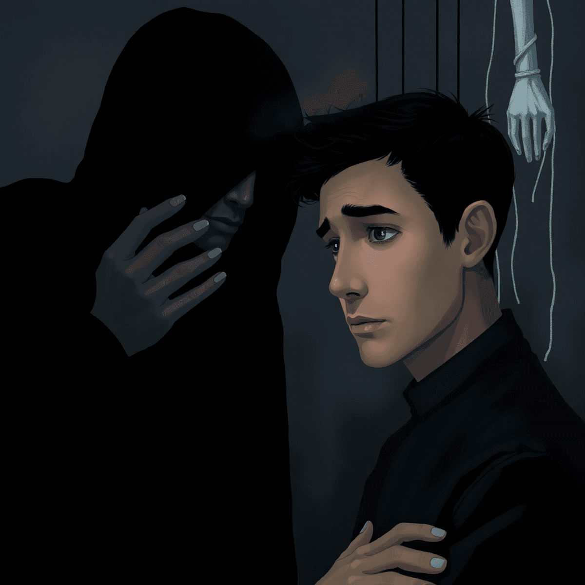 A dark, moody illustration of a shadowy figure whispering into a concerned person's ear, with abstract tangled strings and puppet hands in the background.