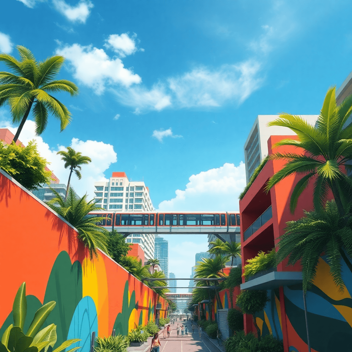 Bangkok ASOKE station before school time カラフルな壁、緑地、現代的な建築が明るいトロピカルな空の下で調和し、自然と都市生活が融合したメガシティのスカイウォークを展示する活気ある都市の風景。