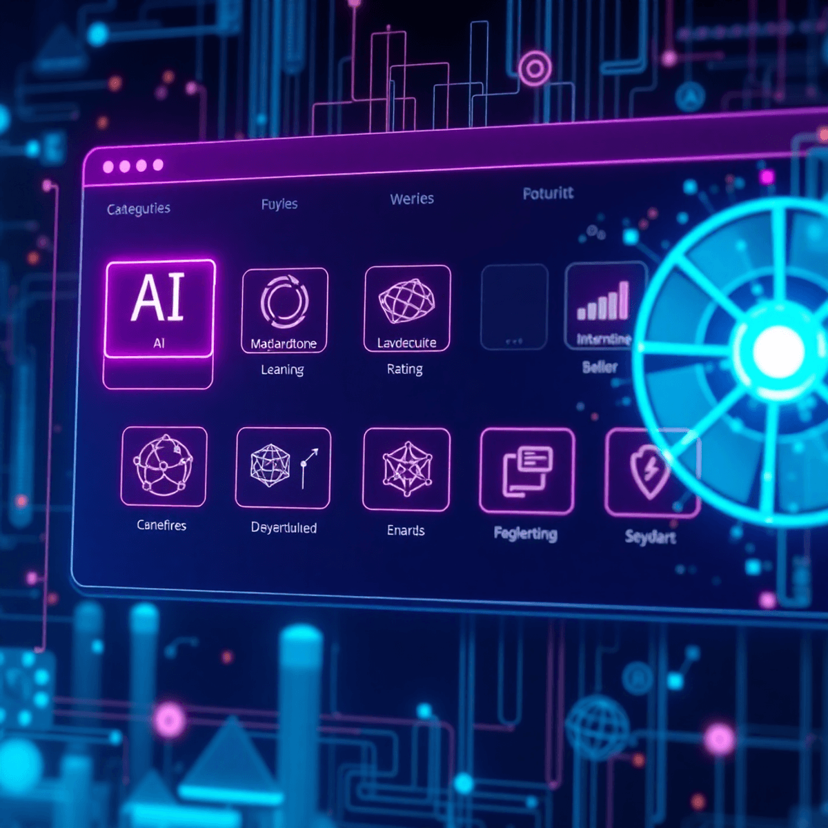 categorization processes Futuristic digital interface showing website categories with AI and machine learning icons, vibrant data streams, and abstract tech elements in a realistic style.