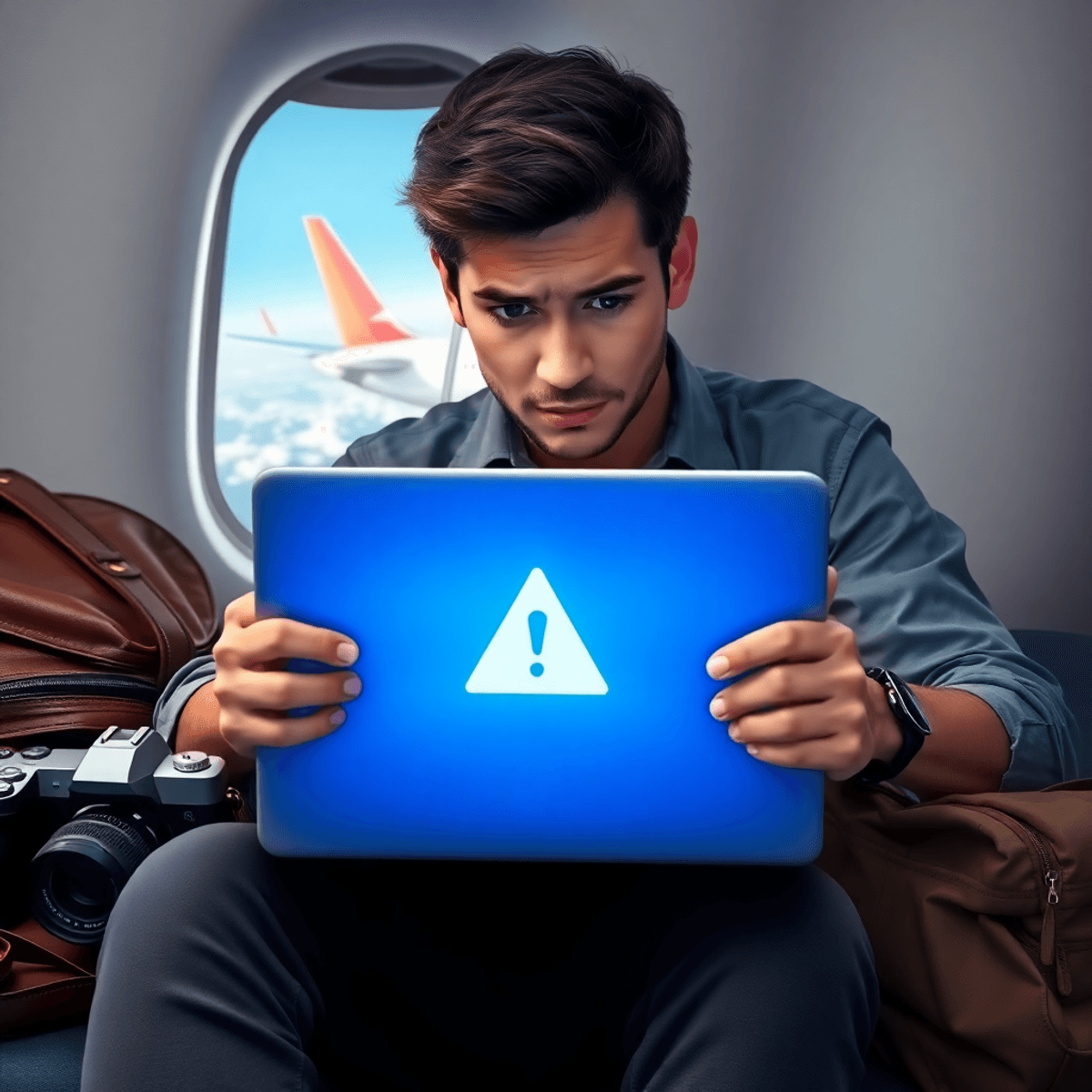 pictures blue mode Frustrated traveler with laptop showing blue error screen, surrounded by camera, passport, and airplane window view in the background.