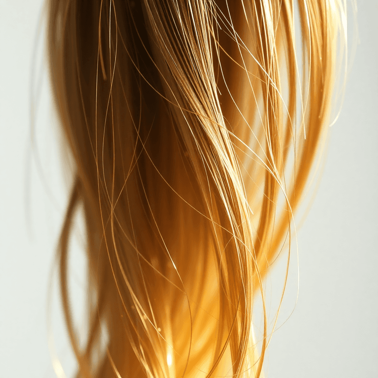 Close-up of healthy hair strands with glowing particles representing heavy metals, set against a clean, neutral background in a minimalist style.