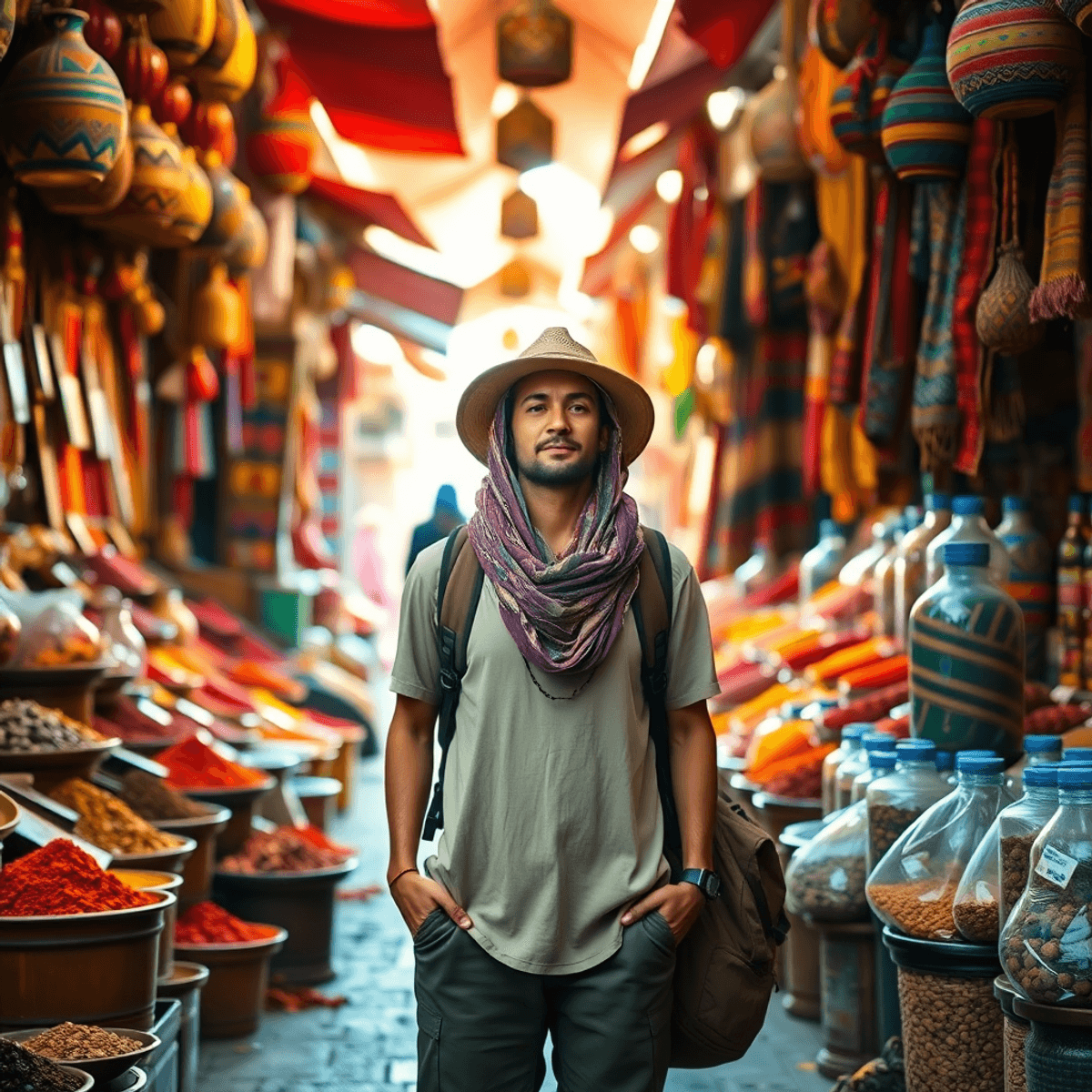 Traveler standing calmly in a vibrant Asian market surrounded by colorful spices and textiles, bathed in warm sunlight highlighting rich textures.
