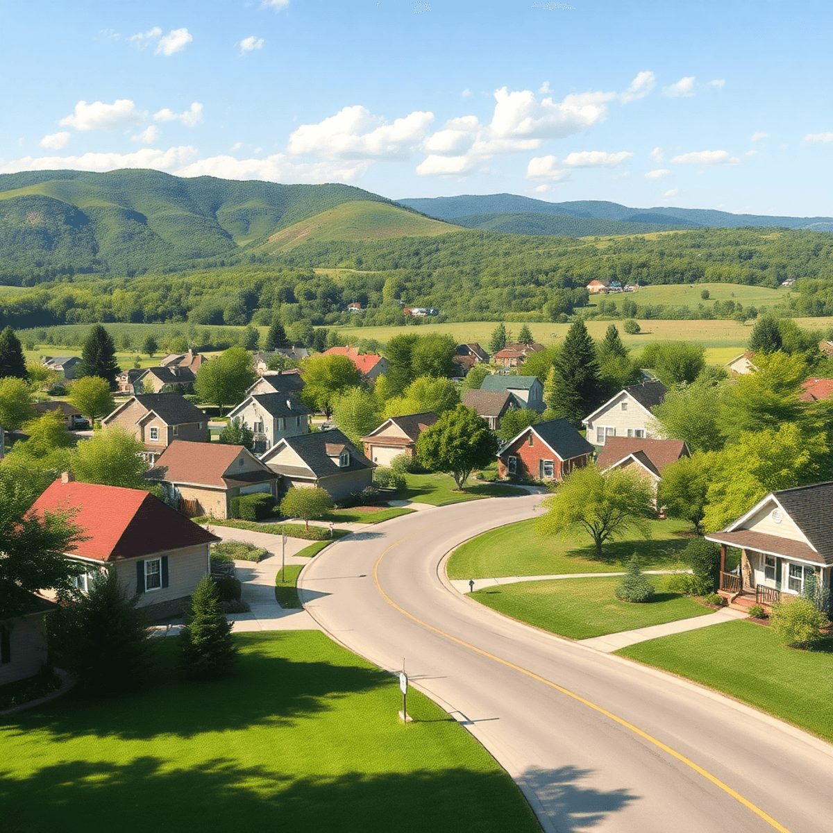 smart living decision based on affordability index Minimalist illustration of a small-town neighborhood with colorful houses, winding road, lush greenery, and rolling hills under a clear sky.
