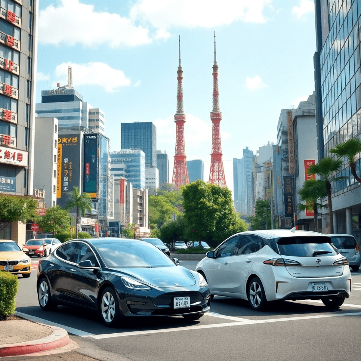 A vibrant Tokyo cityscape showcasing electric cars, including a Tesla Model 3 and a Nissan Leaf, near iconic landmarks like Tokyo Tower, surrounded by greenery.