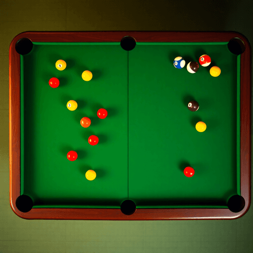 Top-down view of a split billiard table showing a smaller British-style side with red and yellow balls and a larger American-style side with numbered solid and striped balls.