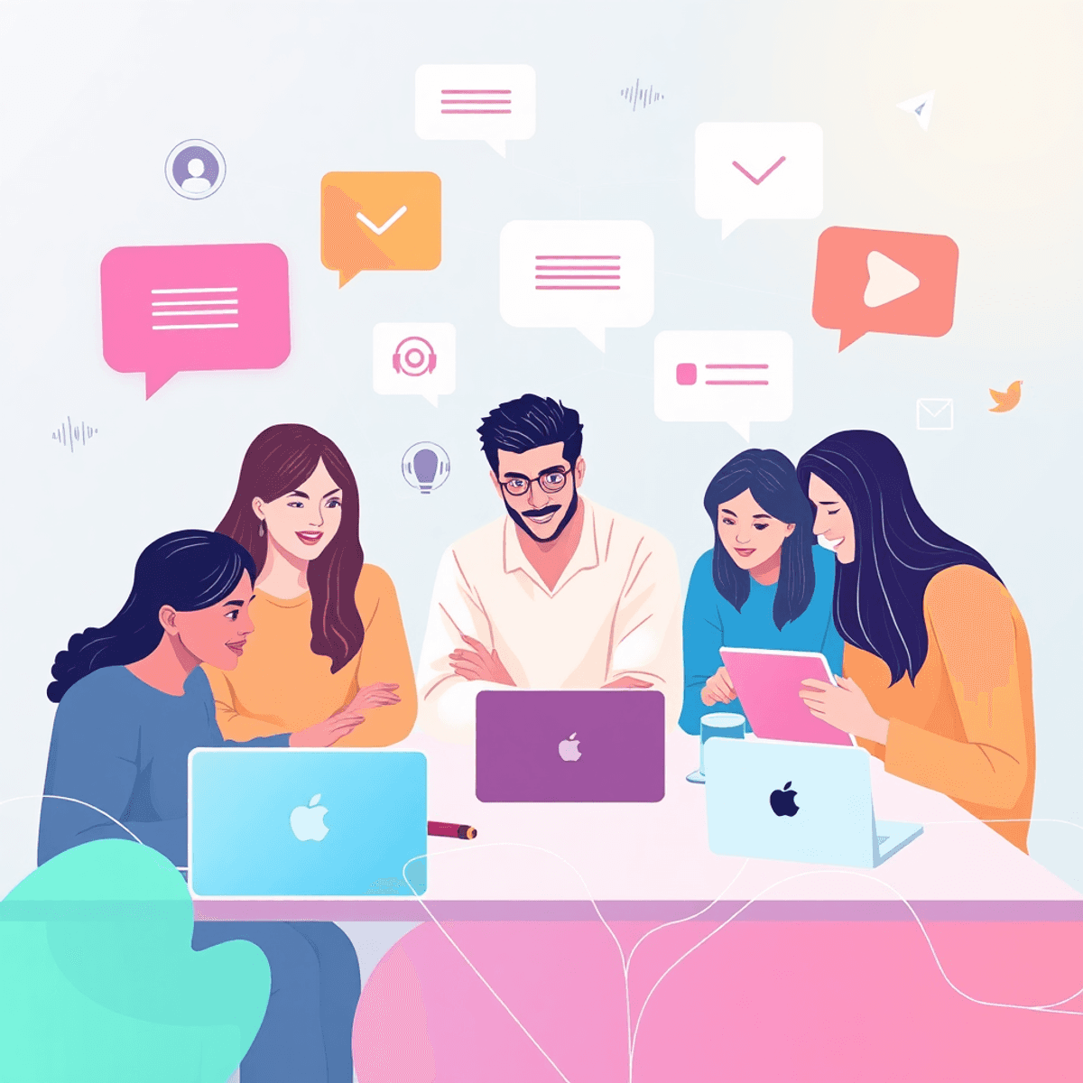 A vibrant digital workspace with content creators collaborating around laptops and tablets, surrounded by abstract communication symbols and flowing lines.