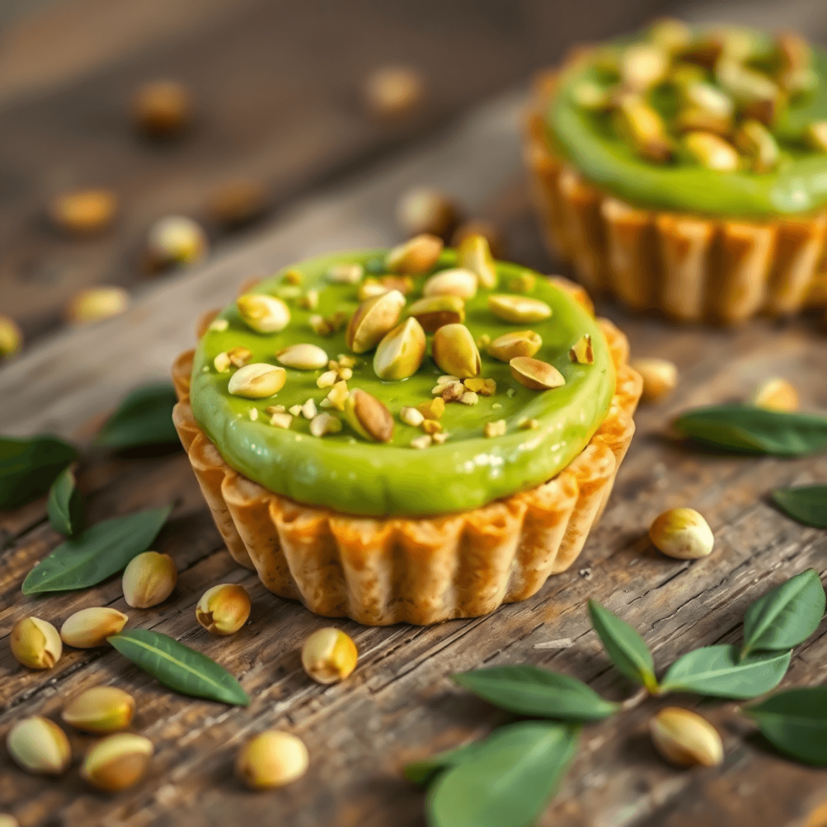 Close-up of a green matcha pistachio cream tart with golden crust, topped with crushed pistachios, surrounded by fresh nuts and green tea leaves on rustic wood.