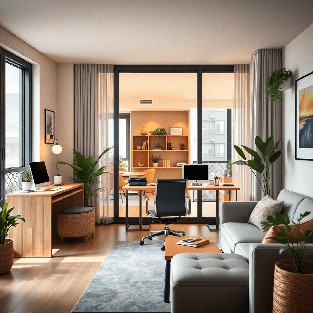 A modern condo interior featuring a stylish home office with a desk, laptop, ergonomic chair, cozy seating areas, and greenery, creating a bright and inviting atmosphere.