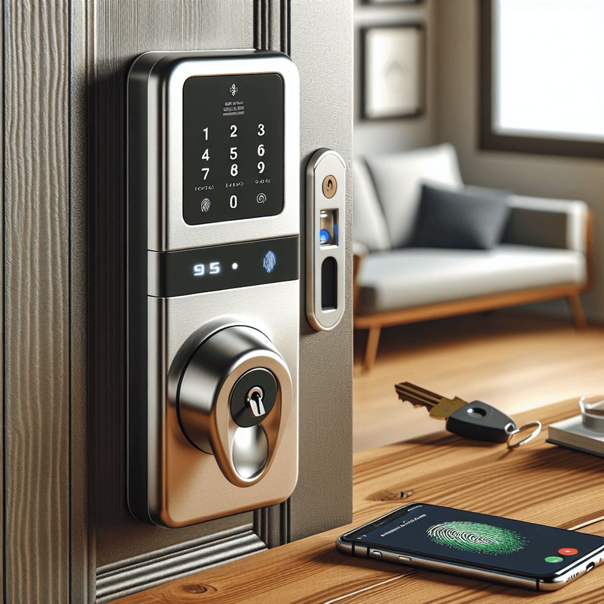 A digital art representation of a modern electronic door lock, symbolizing smart technology and security.