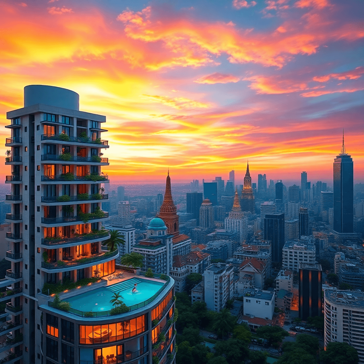 Digital art of a vibrant cityscape at dusk with a modern high-rise condo, rooftop pool, greenery, and a skyline blending temple and skyscraper elements under a colorful sunset.